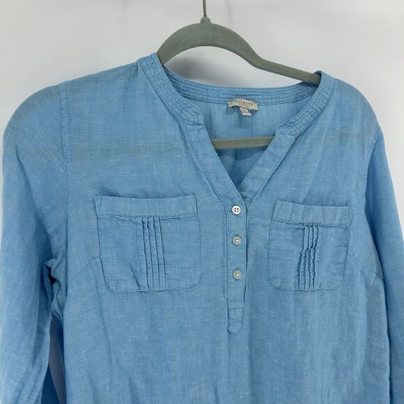 Talbots Linen Henley Popover Blouse Women MP Blue Lightweight Long Sleeve Shirt - Picture 2 of 11